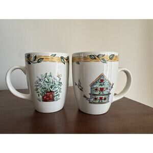 2 Vintage Thomson Pottery Birdhouse Mugs Coffee Tea Cups Birds Hearts Vines